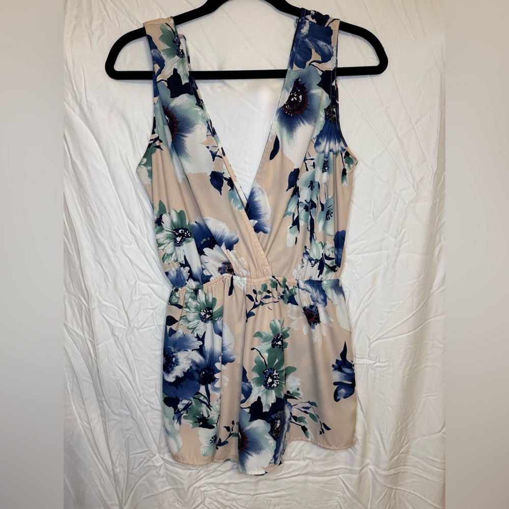 Blue And Green Flower V Cut Romper - Women’s Medium